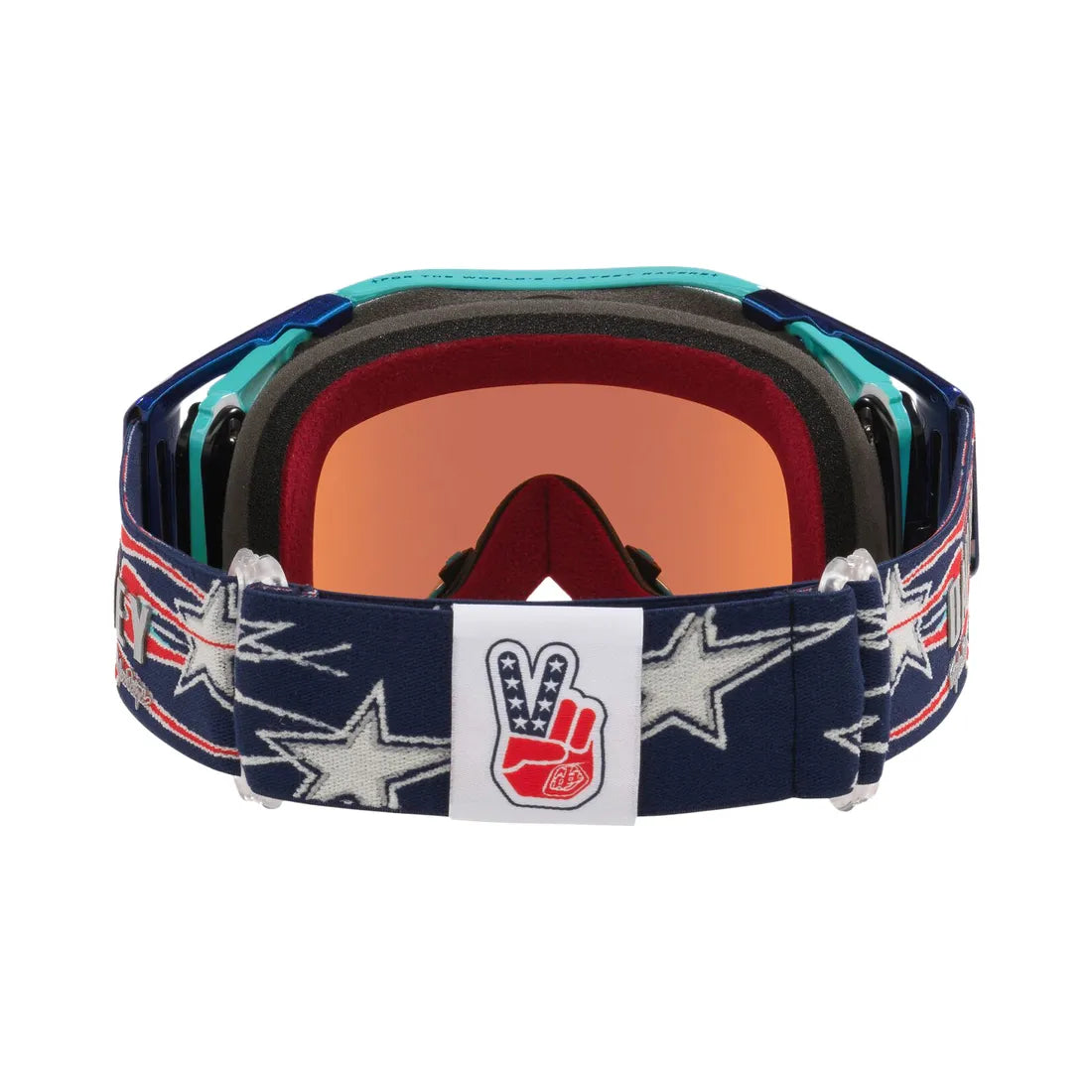 Achteraanzicht van de Oakley airbrake TLD crossbril met verschillende tinten blauw. Op de band is een mooi design gemaakt met sterren en een vlammen patroon.