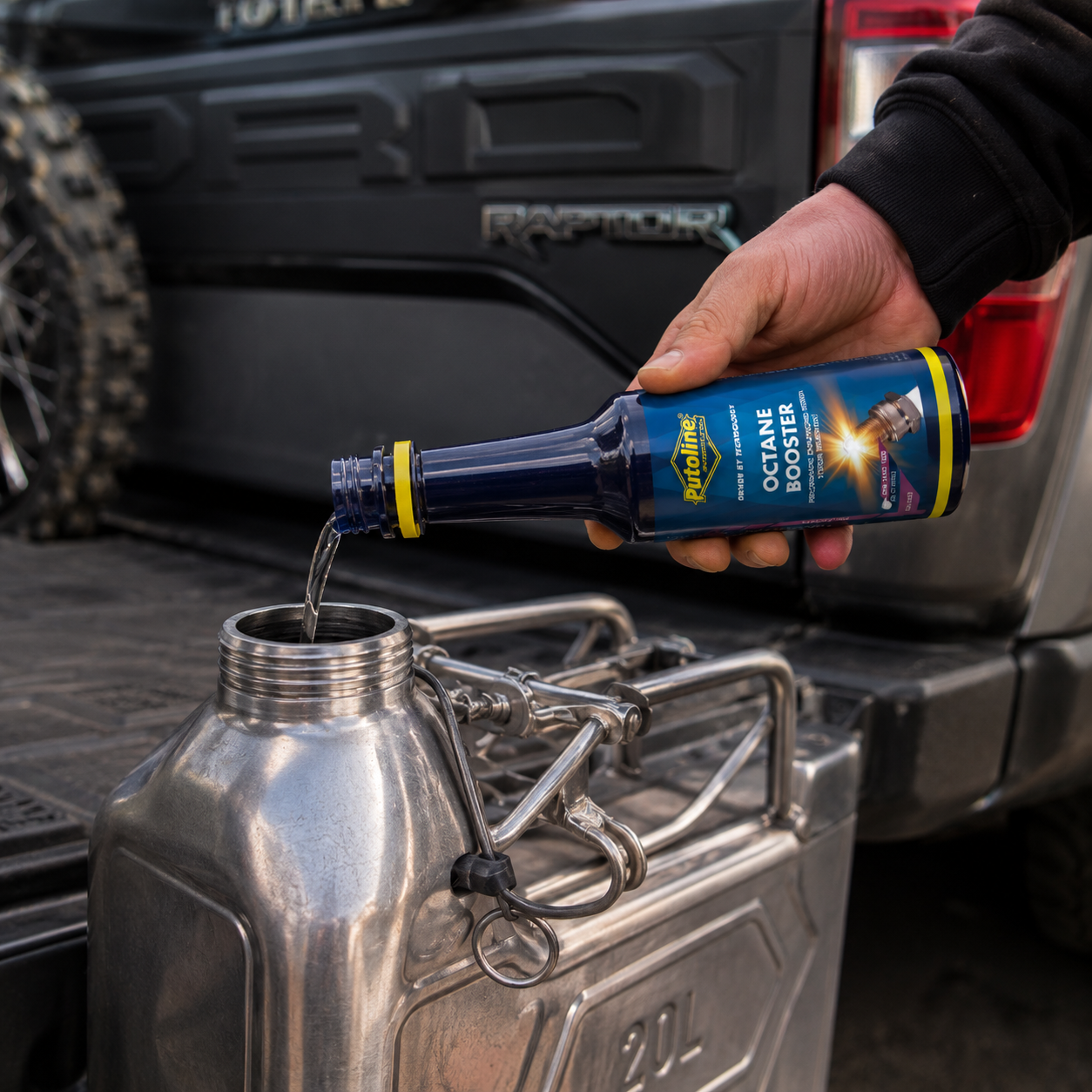 De Putoline octane booster wordt direct in de jerrycan gegoten voor betere brandstof eigenschappen