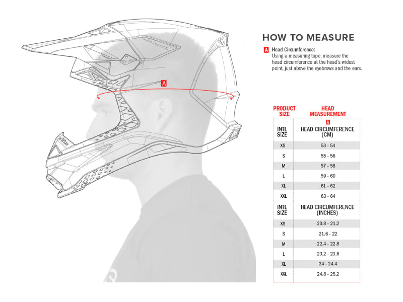 Tabel met afmetingen en maten van de alpinestars crosshelmen. Grafische weergave hoe je de hoofdomtrek moet meten om de juiste maat te bepalen.