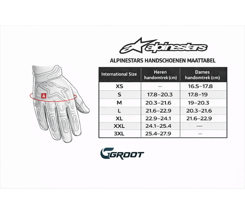 Duidelijke maattabel voor de heren en dames crosshandschoenen. Daarnaast staat een grafische weergaven hoe je de handomtrek om je hand moet meten.