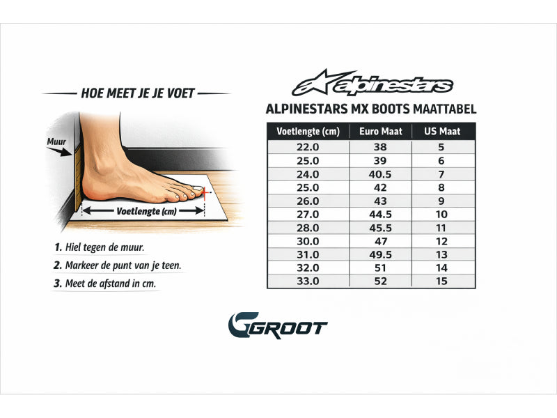 Duidelijke maattabel van de Alpinestars crosslaarzen. Inclusief instructies hoe je de voet moet opmeten voor de correcte maat.