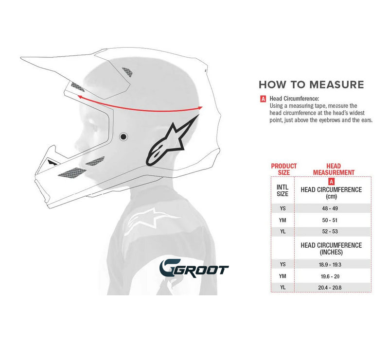 Tabel met afmetingen en maten van de kinder alpinestars crosshelmen. Grafische weergave hoe je de hoofdomtrek moet meten om de juiste maat te bepalen.