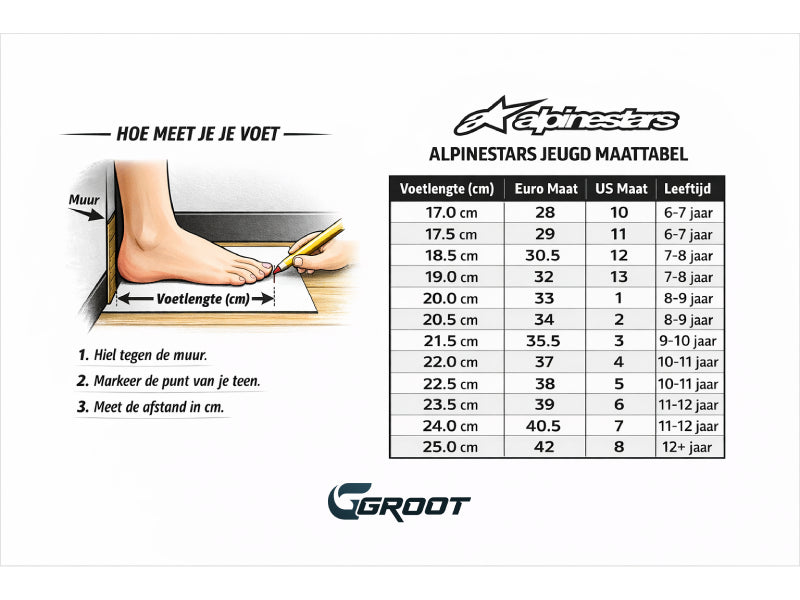 Duidelijke maattabel van de Alpinestars crosslaarzen voor kinderen. Inclusief instructies hoe je de voet moet opmeten voor de correcte maat.