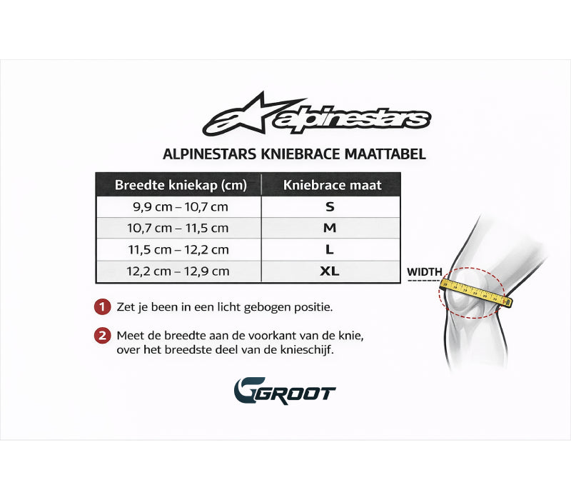 Duidelijke maattabel voor de Alpinestars kniebracen. Daarbij staat een grafische weergaven hoe je je knie moet meten om tot de correcte maat te komen.