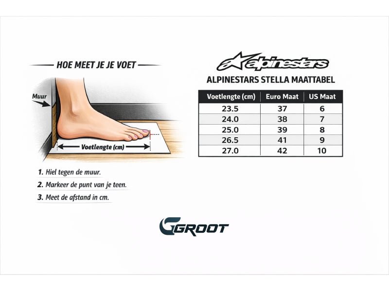 Duidelijke maattabel van de Alpinestars crosslaarzen voor dames. Inclusief instructies hoe je de voet moet opmeten voor de correcte maat.