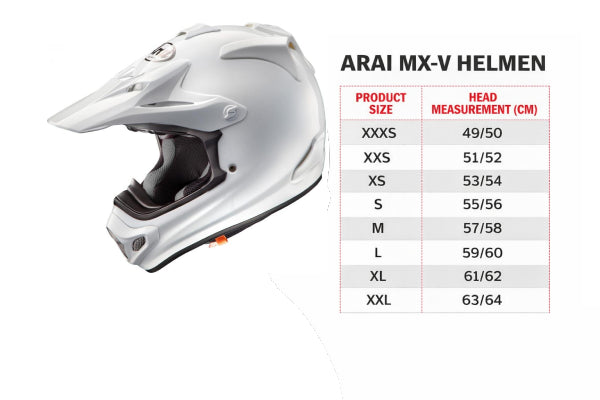 Tabel met afmetingen en maten van de Arai crosshelmen om de maat te bepalen en een witte Arai MX-V crosshelm.