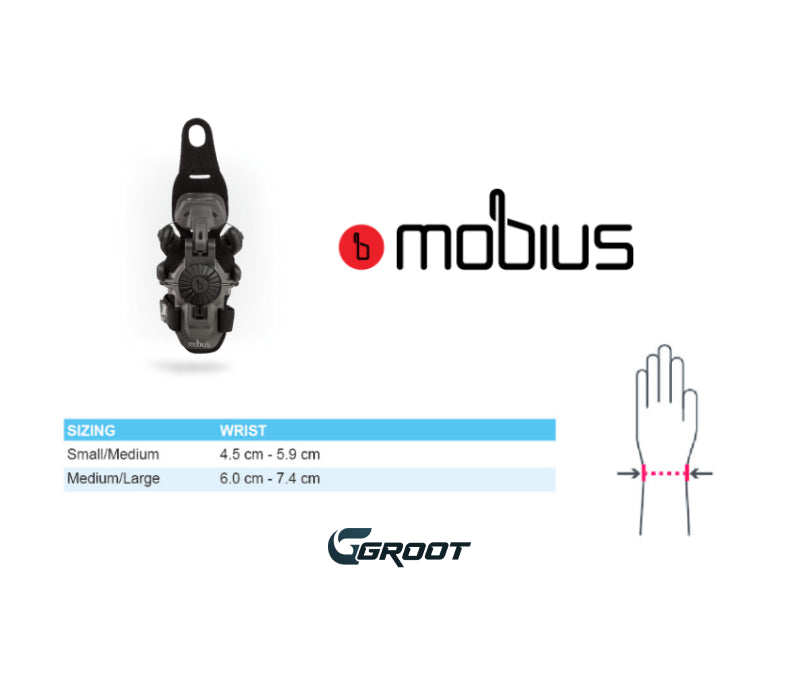 Weergave hoe je de pols moet meten om de juiste maat polsbrace van Mobius te ontdekken. Samen met een tabel waar de afmetingen en maten staan.