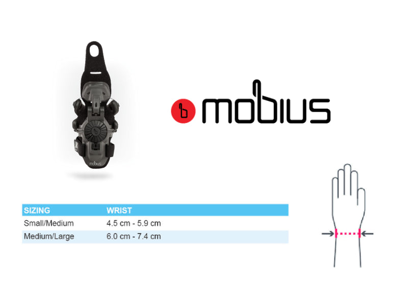 Weergave hoe je de pols moet meten om de juiste maat polsbrace van Mobius te ontdekken. Samen met een tabel waar de afmetingen en maten staan.