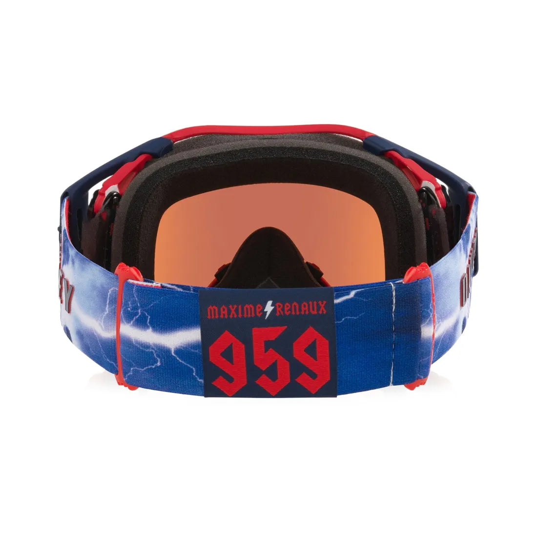 De achterkant van de Maxime Renaux editie oakley airbrake crossbril. Op de band is het rijnummer afgebeeld en ook een opvallend design met bliksemschicht.