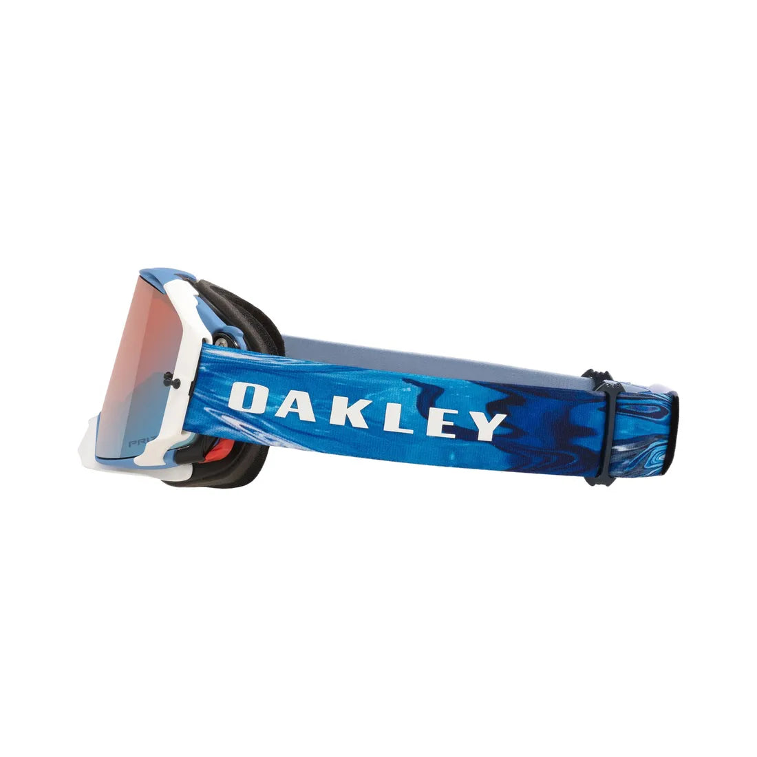 Zijaanzicht van de Chase Sexton airbrake crossbril met goed zicht op de band. De band heeft een speciaal design met verschillende kleuren blauw en witte Oakley letters.