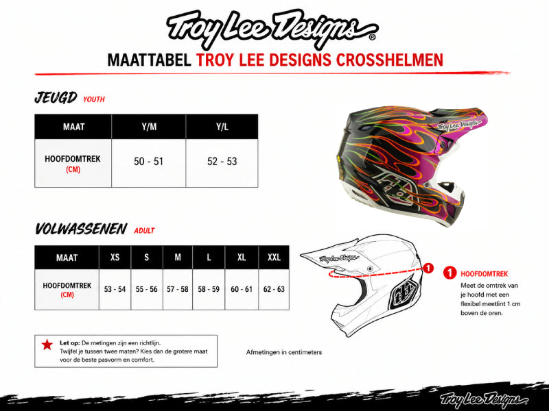 De schematische crosshelm laat zien waar je de omtrek van je hoofd moet meten om de juiste maat crosshelm te bepalen. De tabel die erbij staat bevat de maatopties en afmetingen in centimeters.