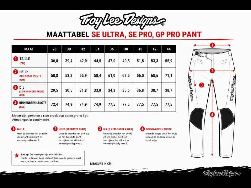 Maattabel om de juiste maat crossbroek te bepalen. De schematisch afgebeelde crossbroek laat zien hoe je de broek moet opmeten om tot de juiste maat in de tabel moet komen.