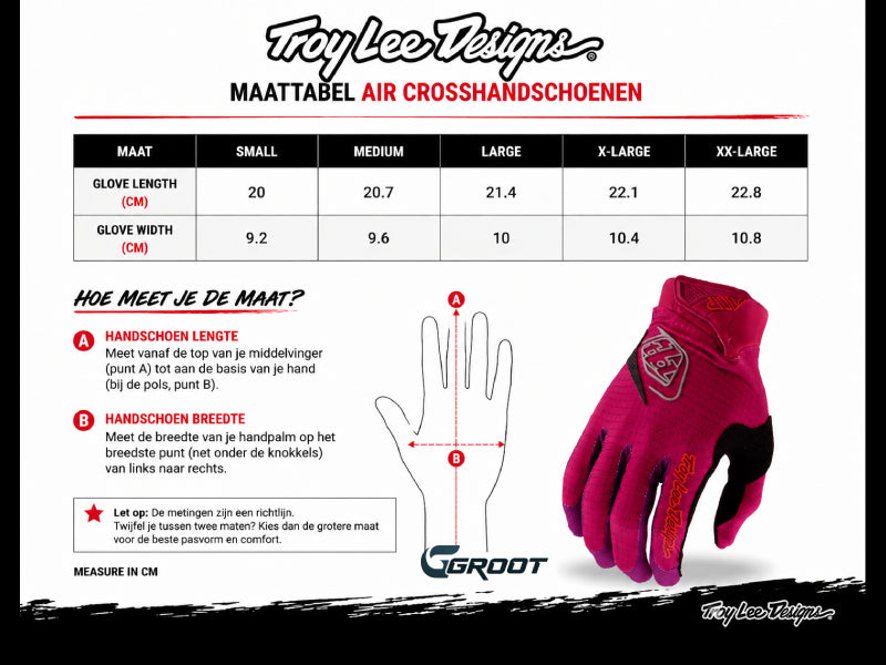 Grafische weergaven hoe je de hand moet opmeten om de maat crosshandschoenen te bepalen van het merk Troy Lee Designs. De bijgevoegde tabel laat de maat zien.